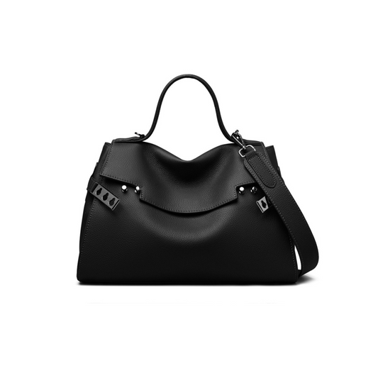 Black leather tote bag for women
