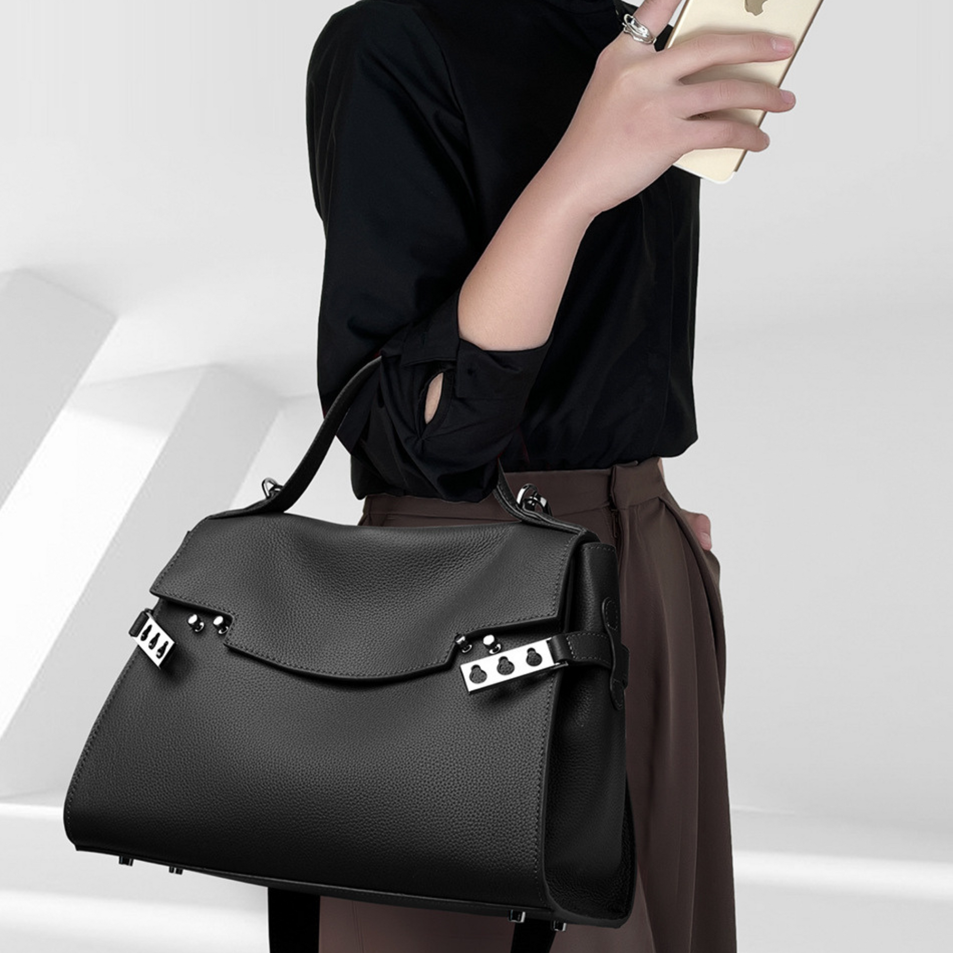Black leather tote bag for women